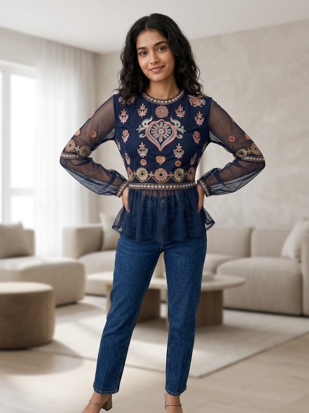 Sheer Tulle/Mesh Blouse with Boho-Style Floral Embroidery size xs